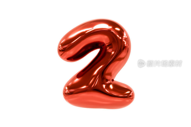 气球字体金属红色数字2由现实的氦气球，Premium 3d插图。